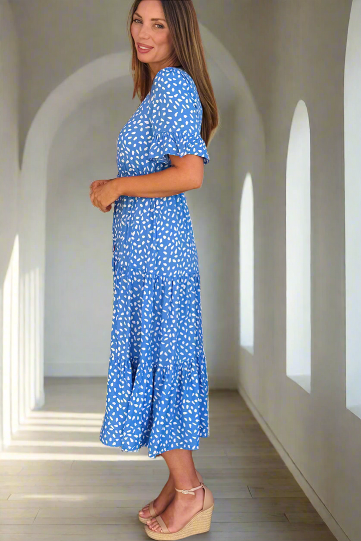 Jeannie Midi Spot Dress In Powder Blue