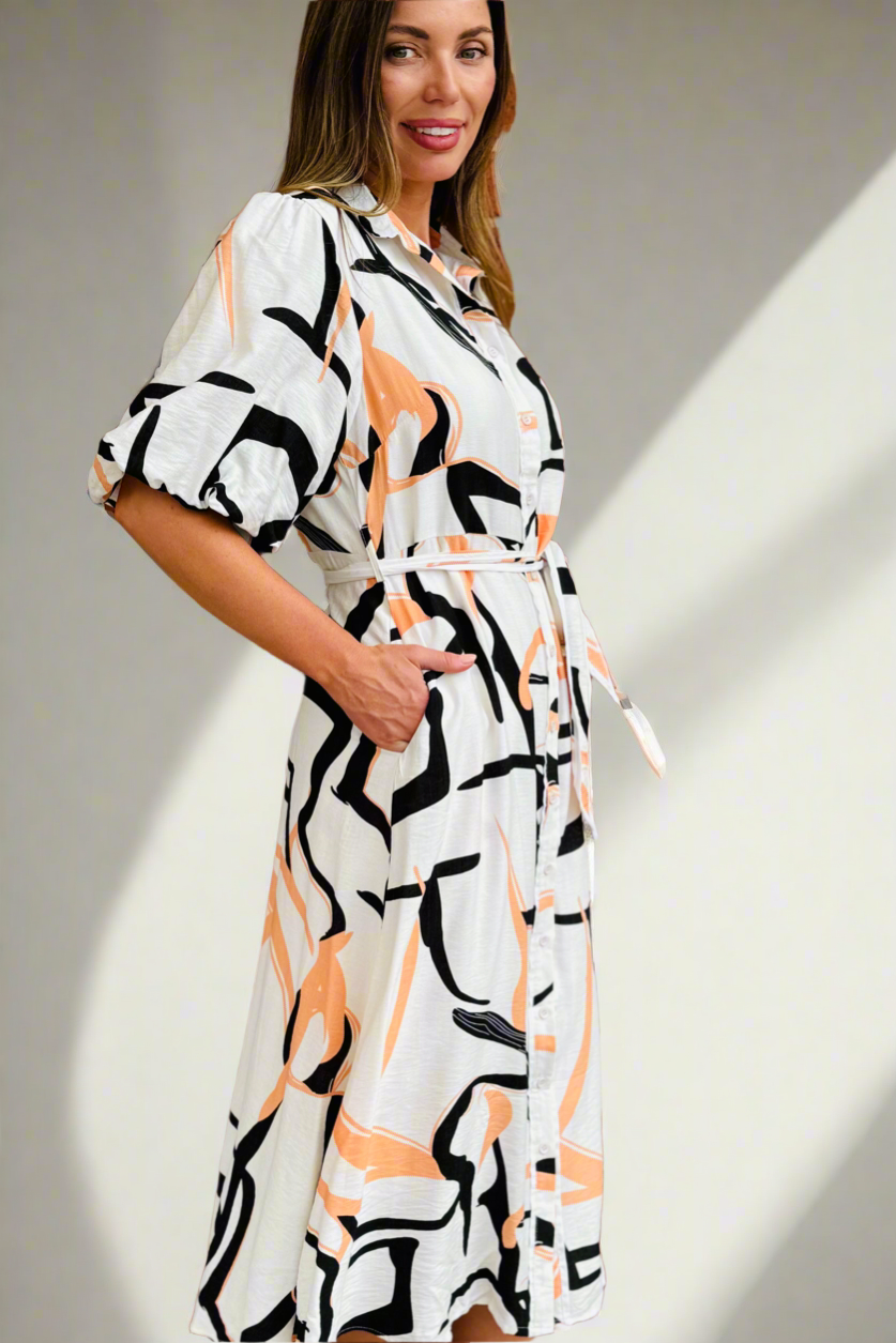 Leah Multi Print Shirt Dress in Off White