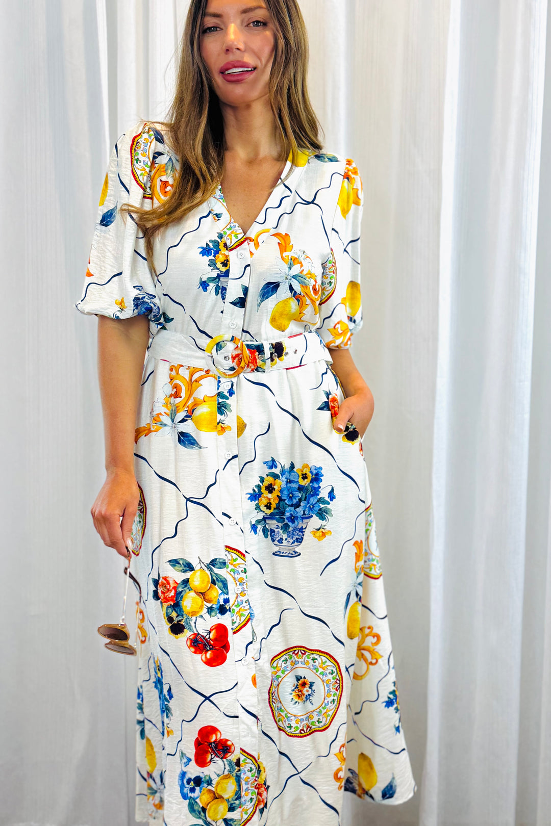 Giulia Shirt Dress in Off White Multi Lemon Print