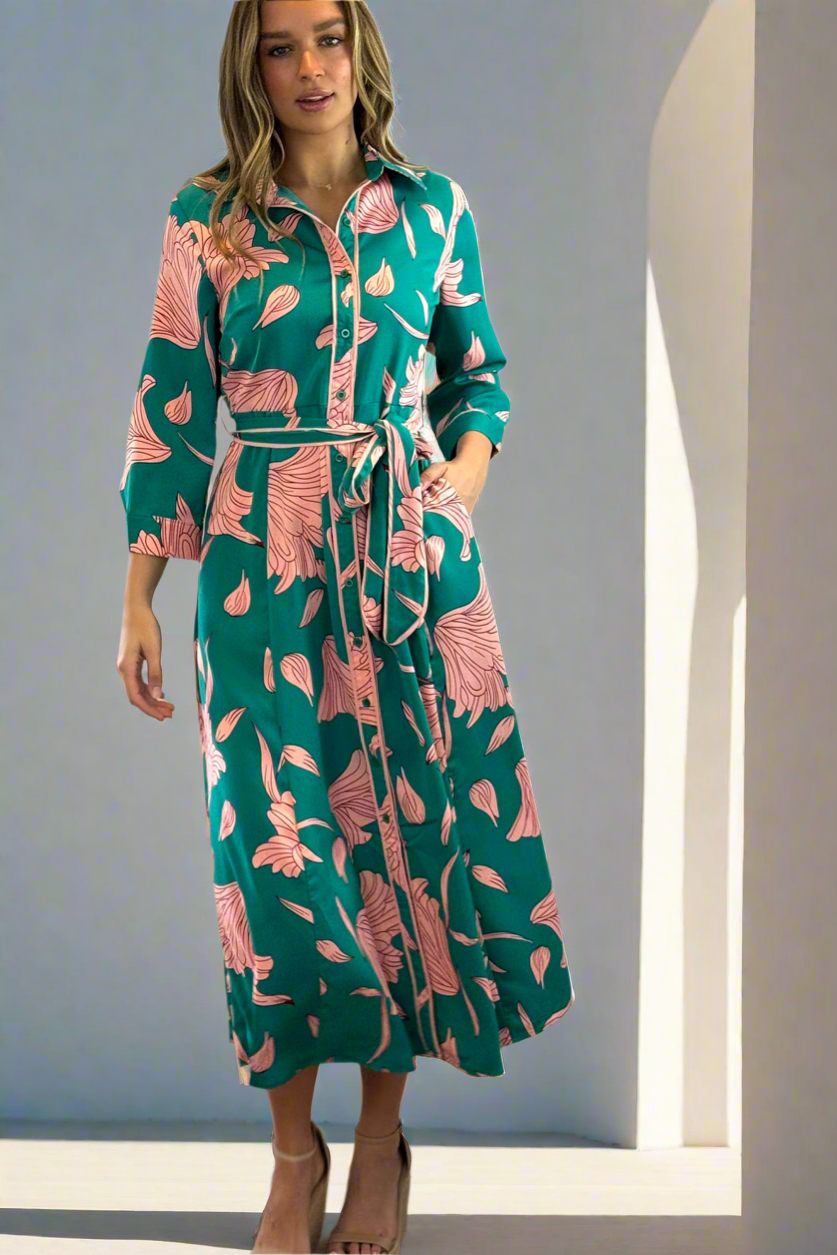 Martina Green and Pink Print Midi Dress