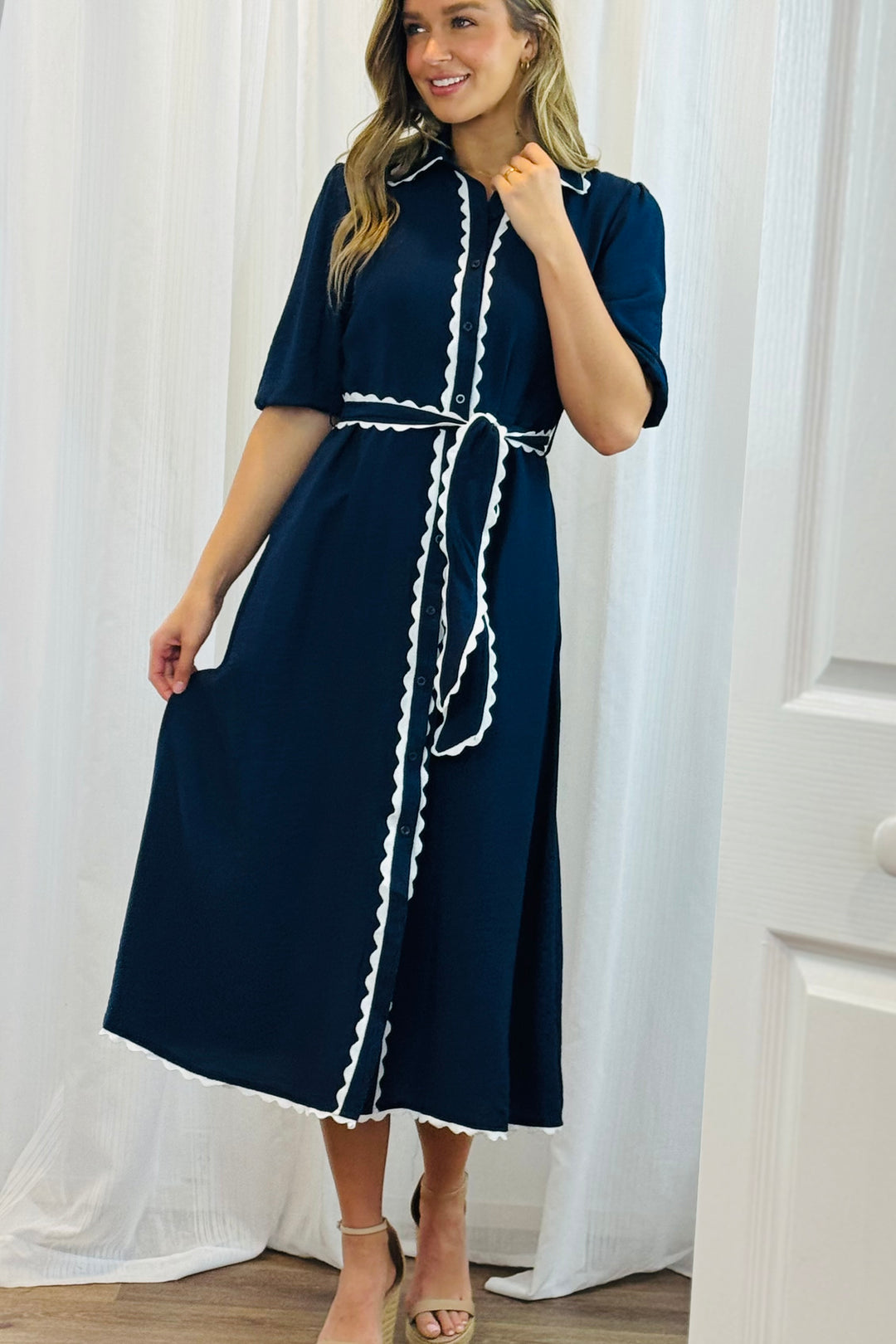 Shyla Dress in Navy with White Trimming