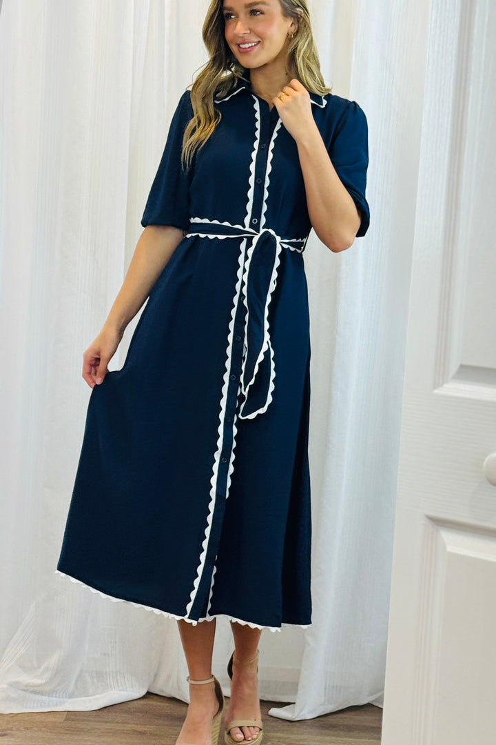 Shyla Dress in Navy with White Trimming