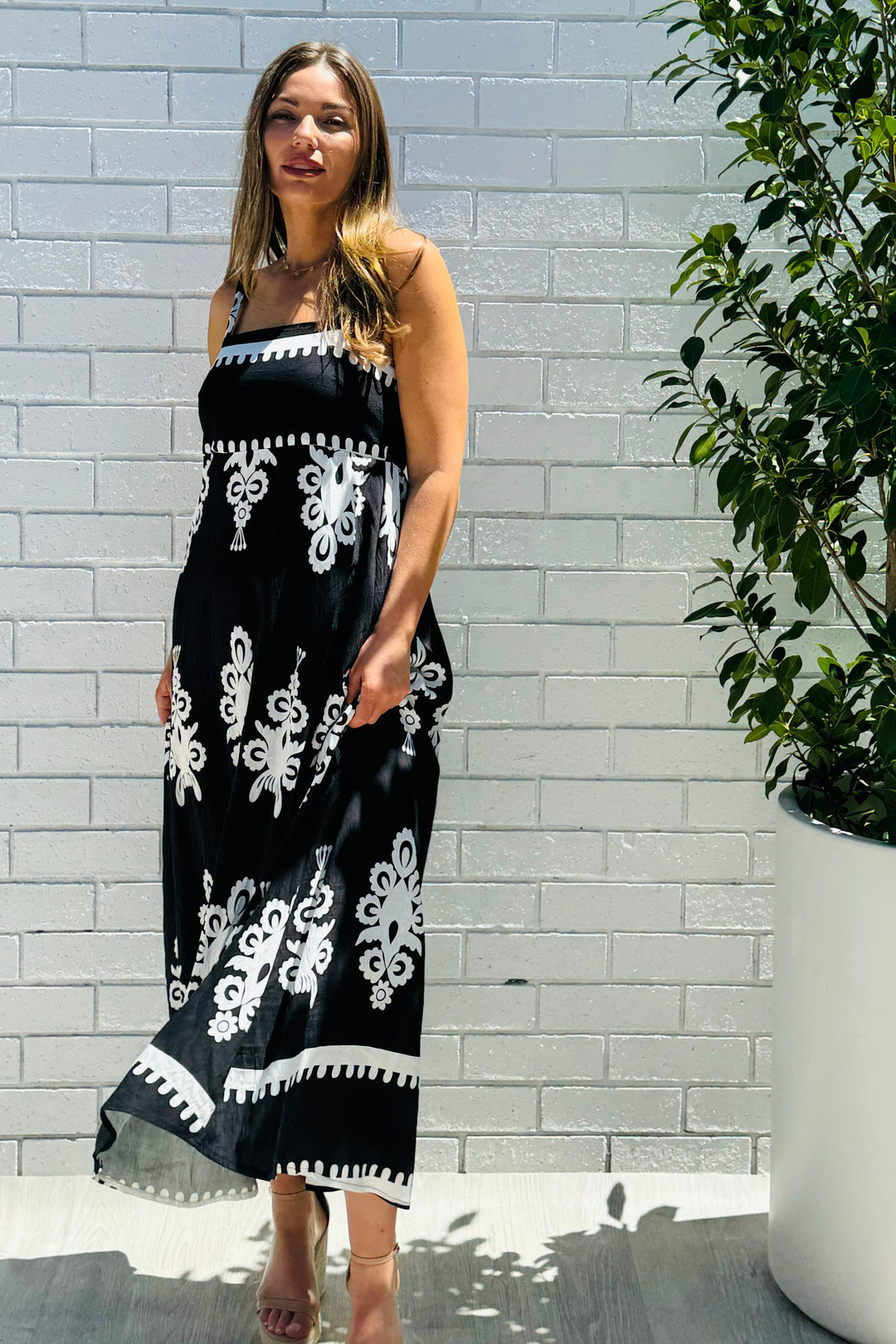 Positano Embroidered Print Maxi Dress in Black and white