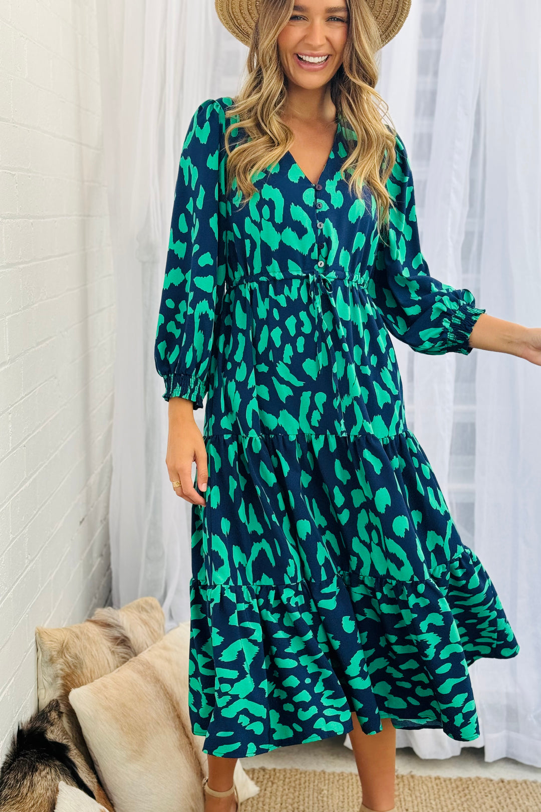 Molli Drawstring Midi Dress in Navy and Green Animal  Print