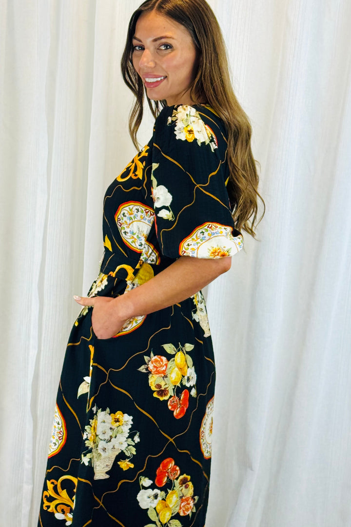 Giulia Lemon Print Dress in Black