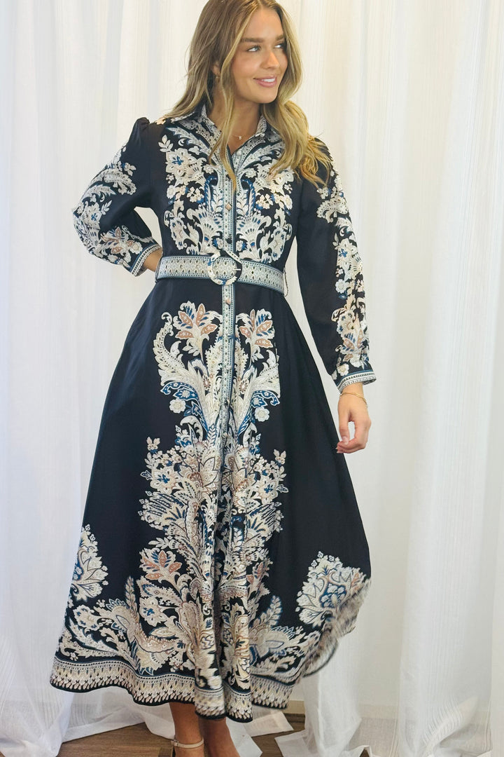 Lopez Embroidered Print Maxi Dress in Black