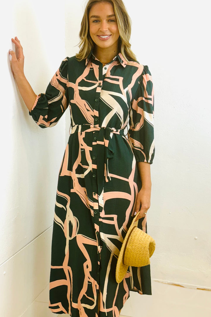 Marlow Midi Shirt Dress in Green and Pink Print