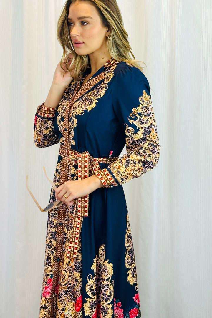 Catalina Navy Embroidered Print Maxi Dress
