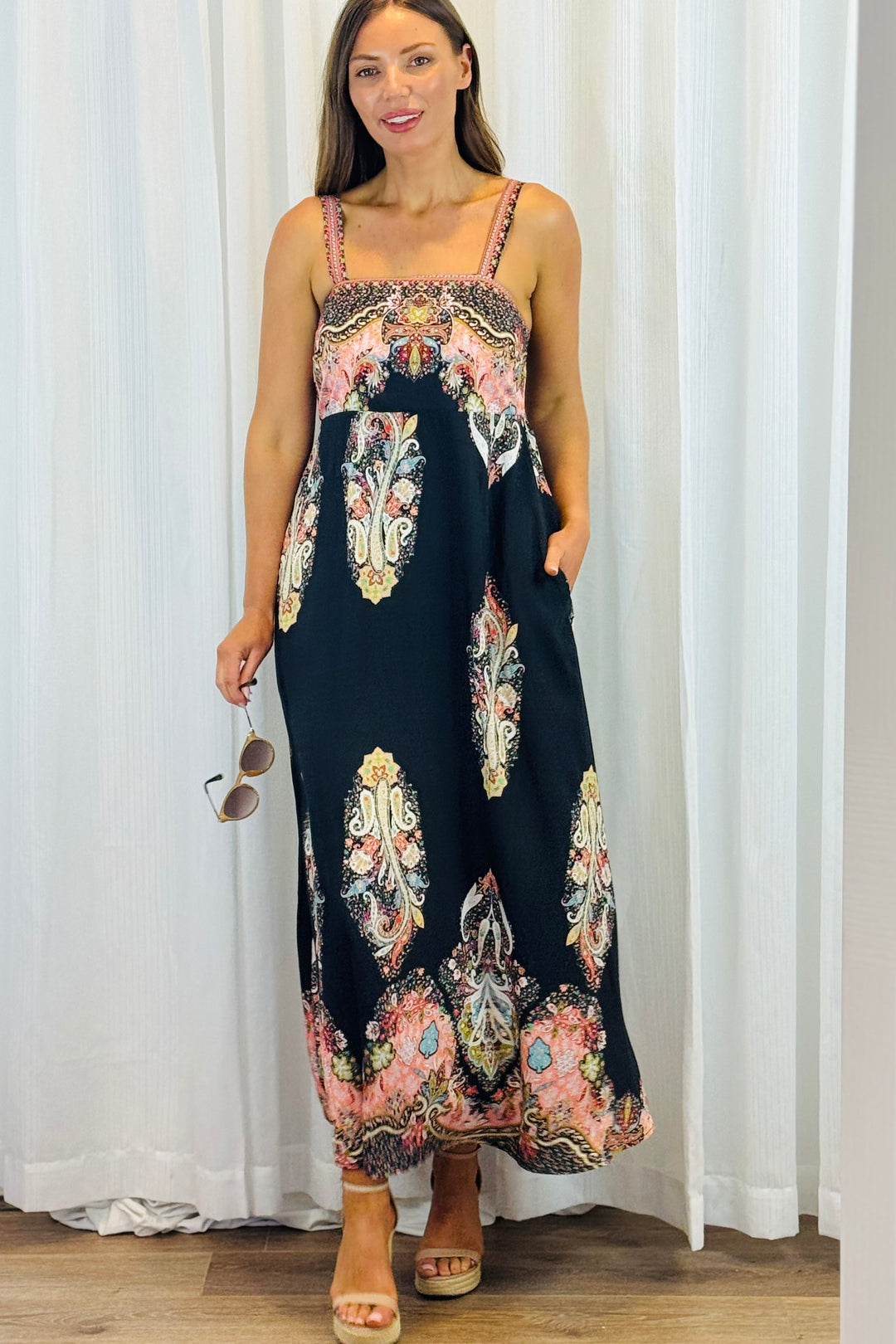 Positano Maxi in Black With Embroidery Multi Print