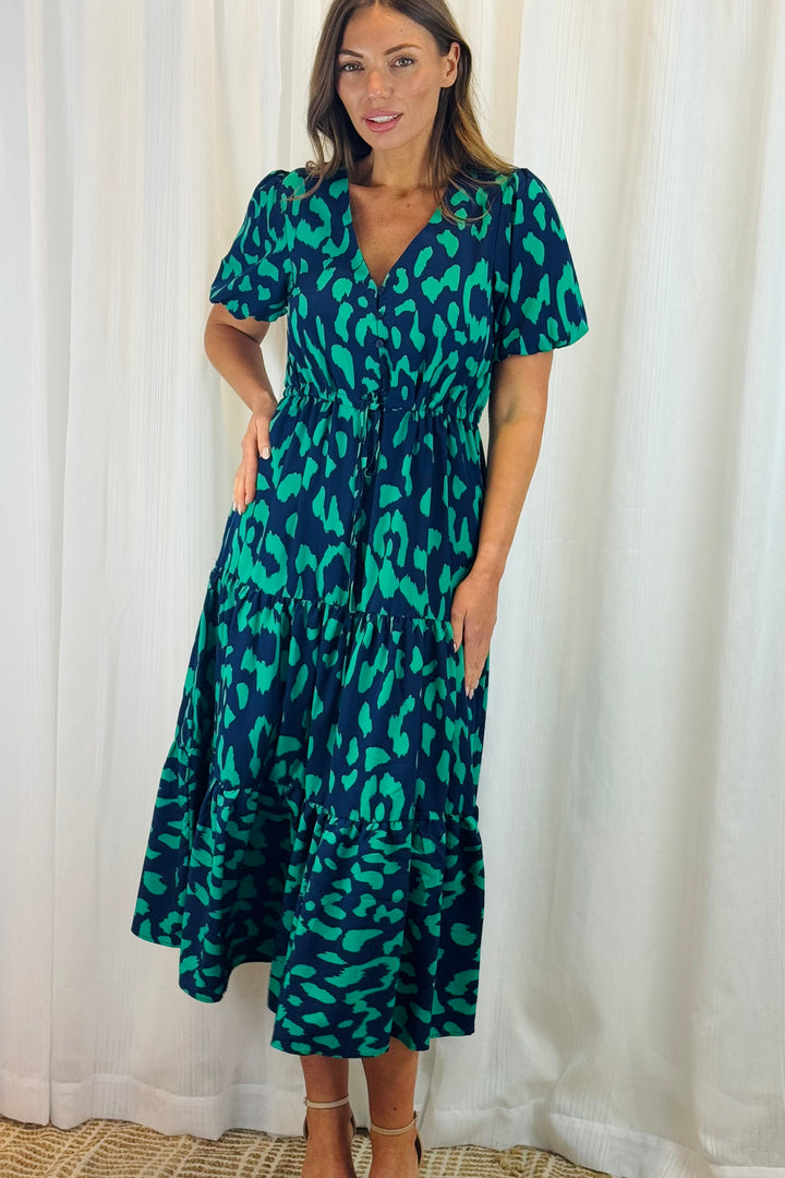 Molli Green and Navy Tiger Print Short Sleeve Dress