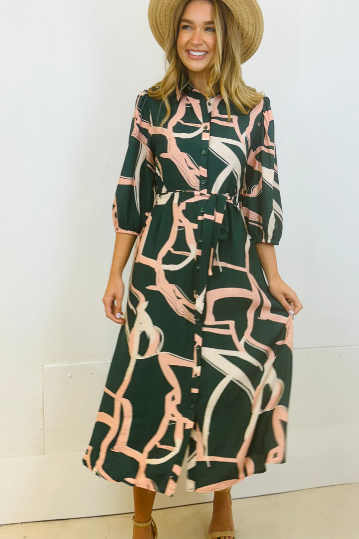 Marlow Midi Shirt Dress in Green and Pink Print