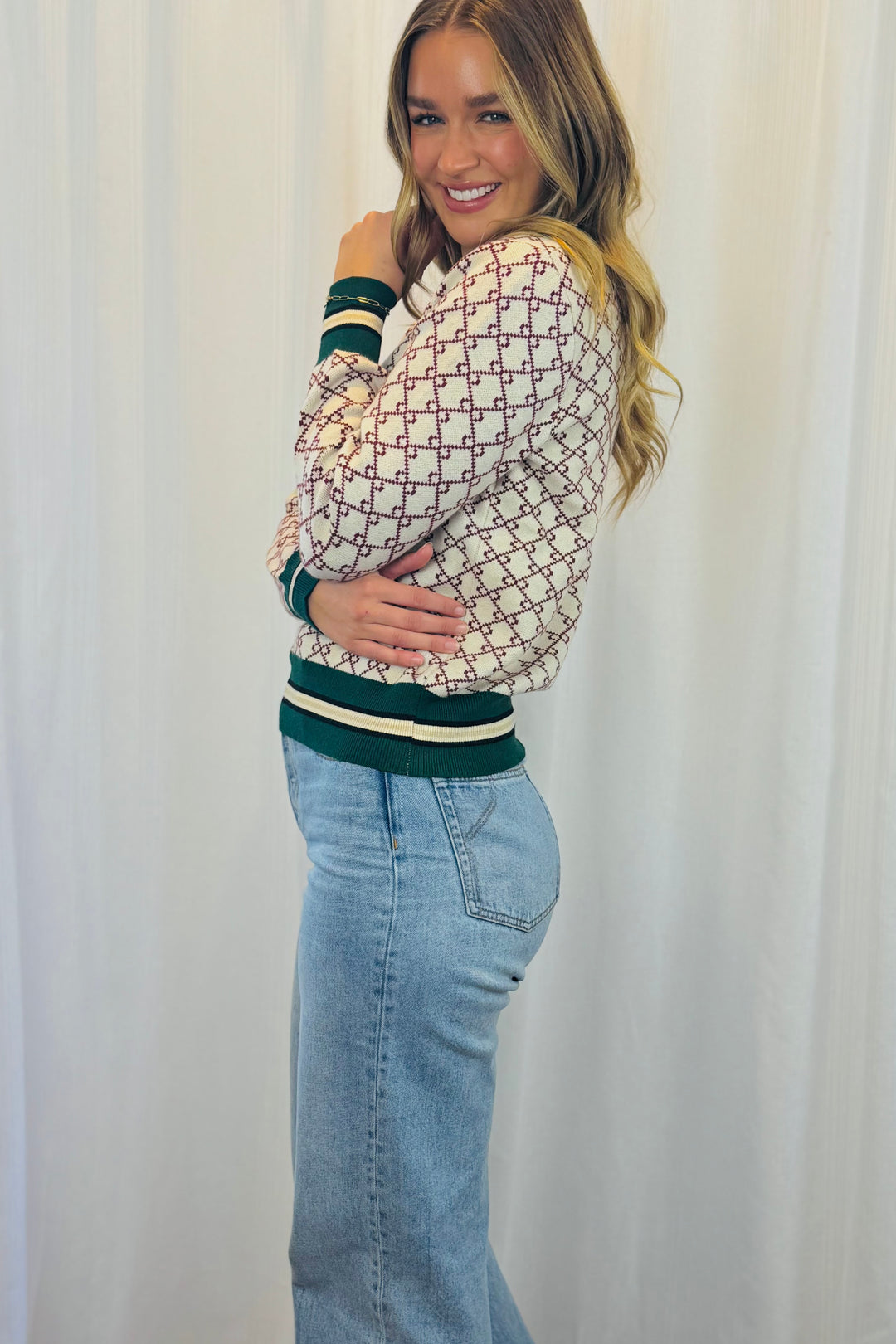Gina Knit Jumper in Nude And Burgundy Print