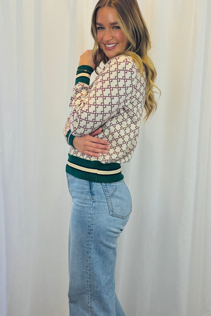 Gina Knit Jumper in Nude And Burgundy Print
