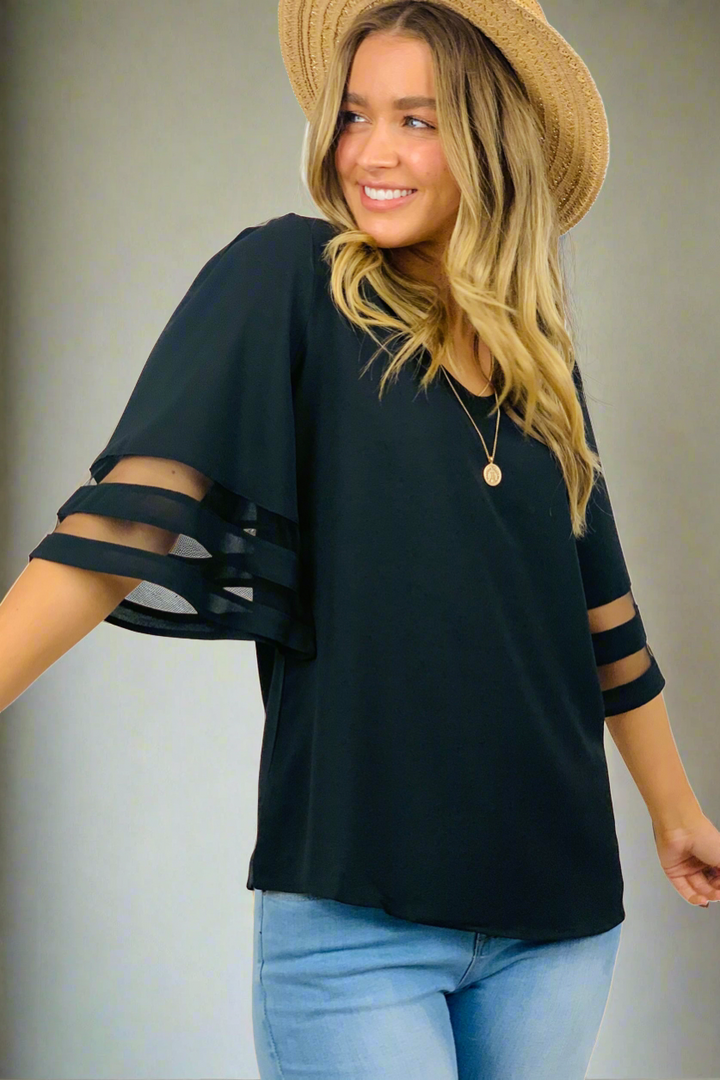 Carla | Black Bell Short Sleeve Top With Sheer Detail