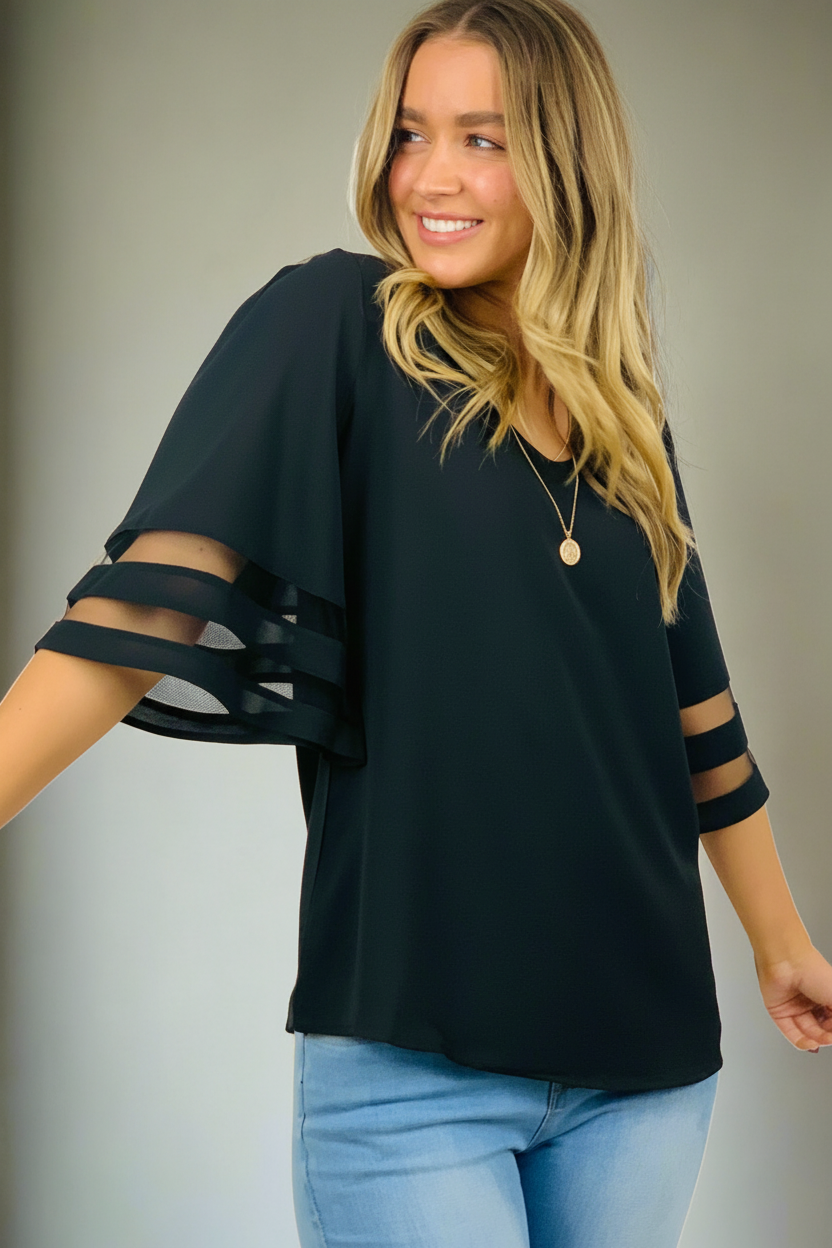 Carla | Black Bell Short Sleeve Top With Sheer Detail