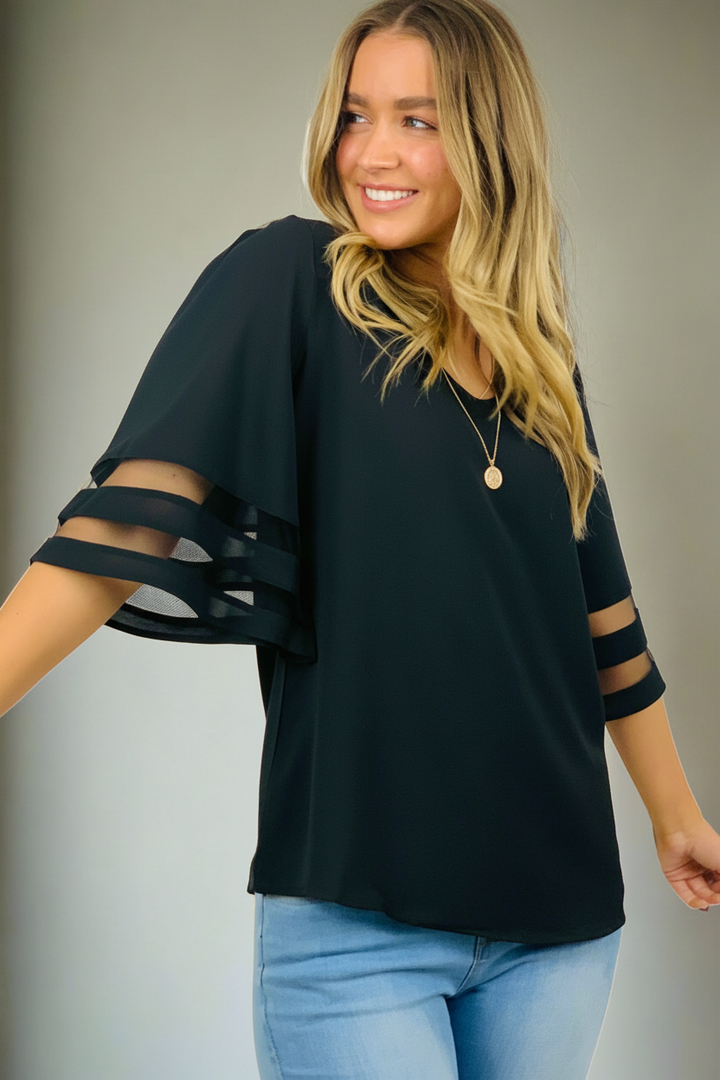 Carla | Black Bell Short Sleeve Top With Sheer Detail