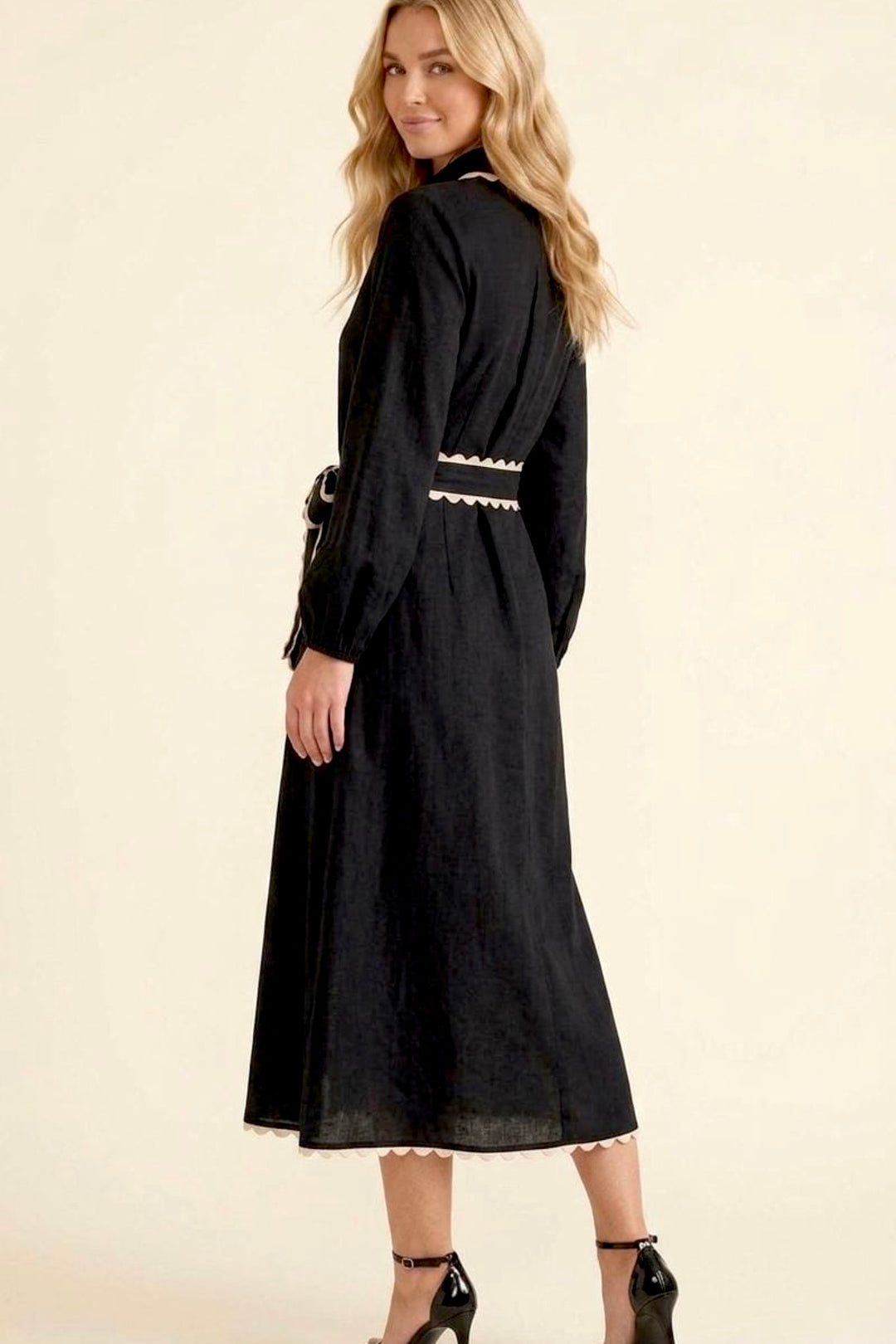 Shyla Long Sleeve Black Dress With Trim