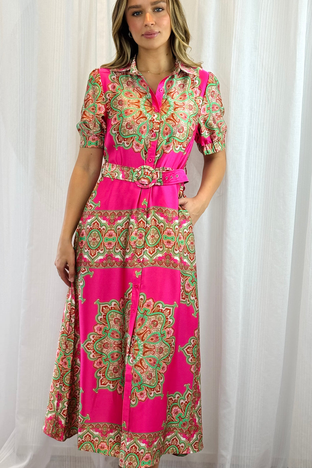 Angelina Hot Pink Embroidered Print Dress