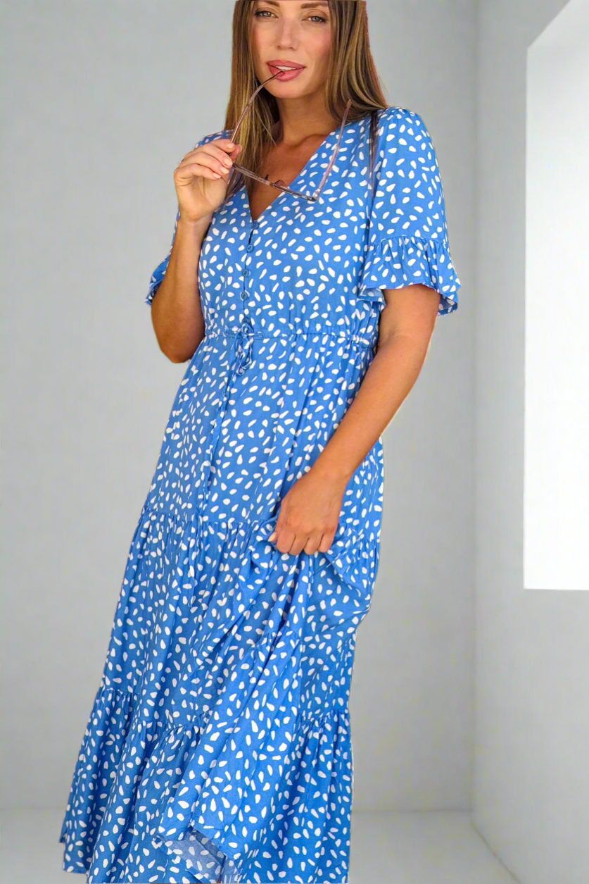 Jeannie Midi Spot Dress In Powder Blue