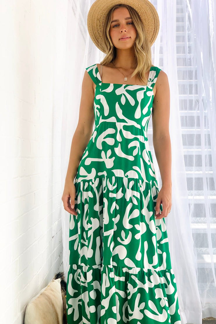 Evelyn Maxi Dress in Green And White Print
