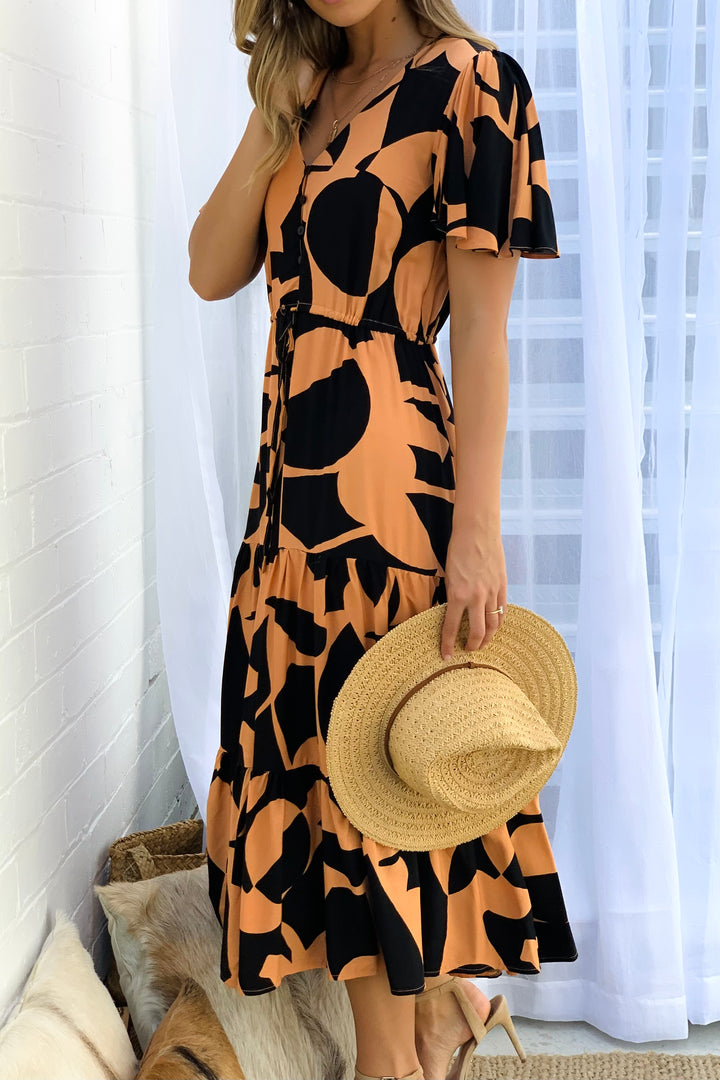 Santorini  Short Sleeve Midi Dress in Orange and Black Print