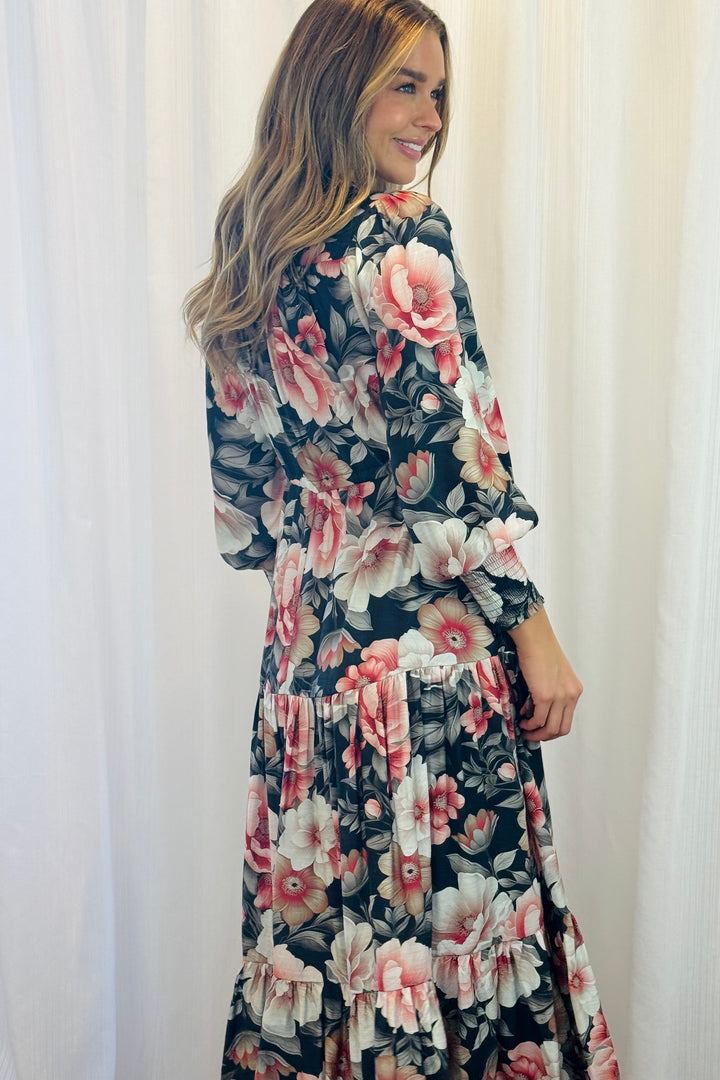 Yasmine Floral Drawstring Maxi Dress with Front Split