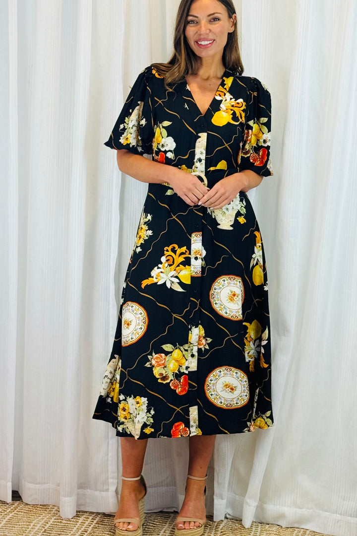 Giulia Lemon Print Dress in Black
