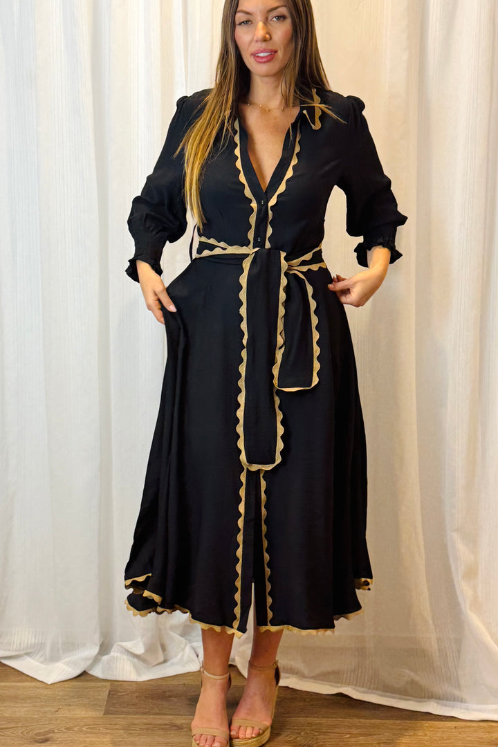 Shyla Midi Dress In Black With Tan Detail