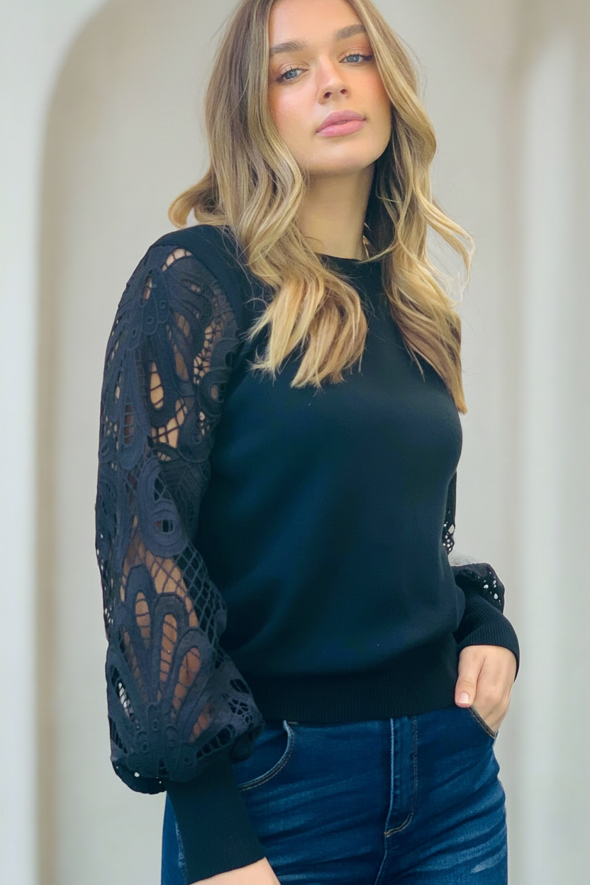 Naomi Lace Sleeve Top in Black