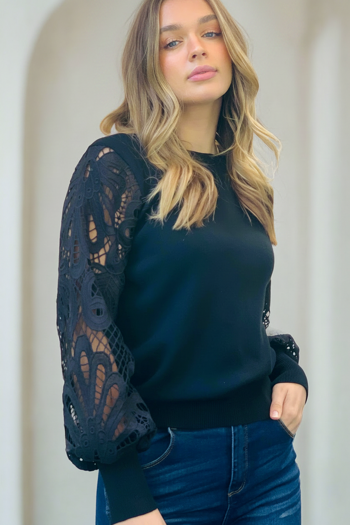 Naomi Lace Sleeve Top in Black