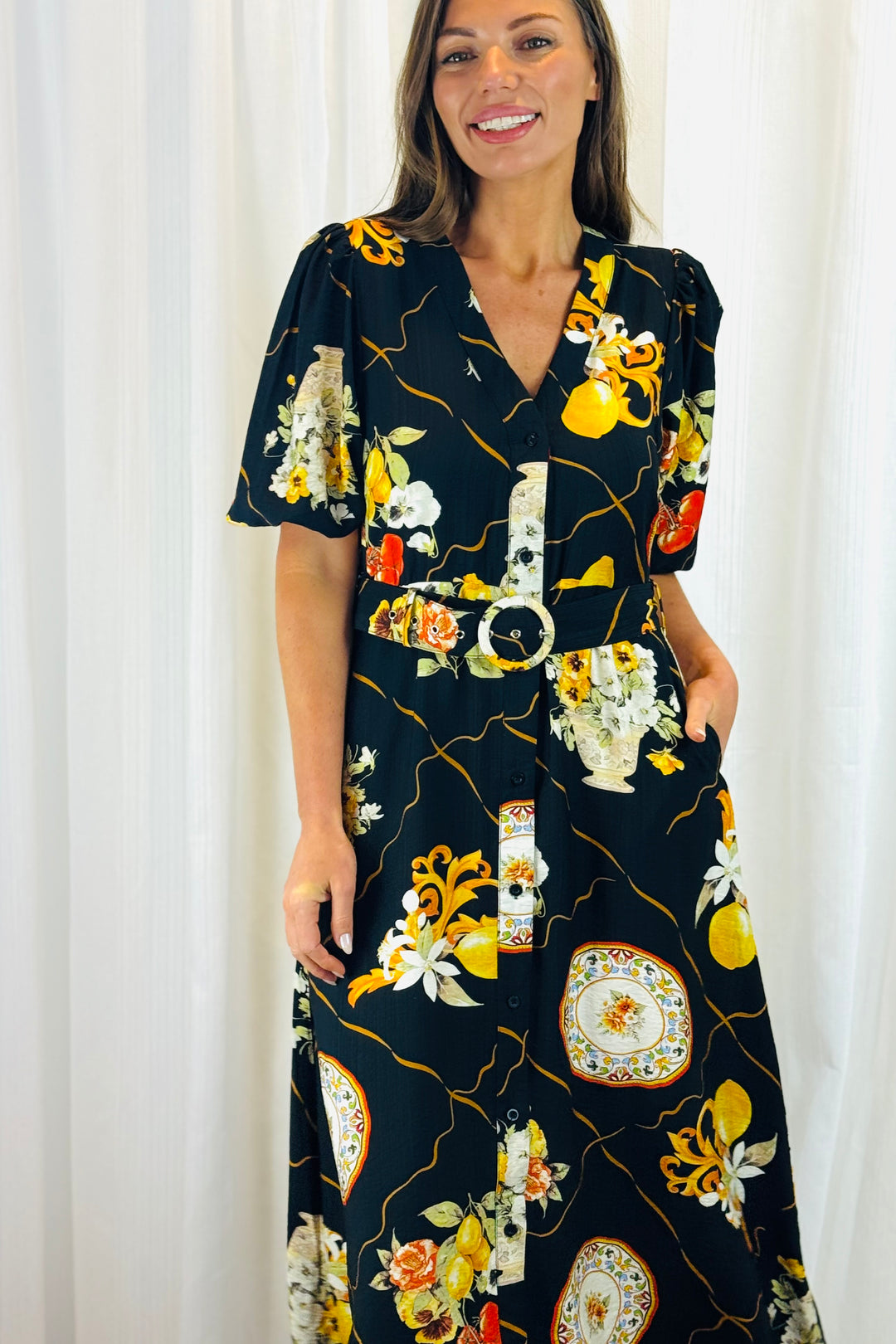 Giulia Lemon Print Dress in Black