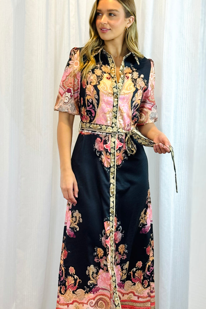 Portia Shirt Dress in Black Multi Print
