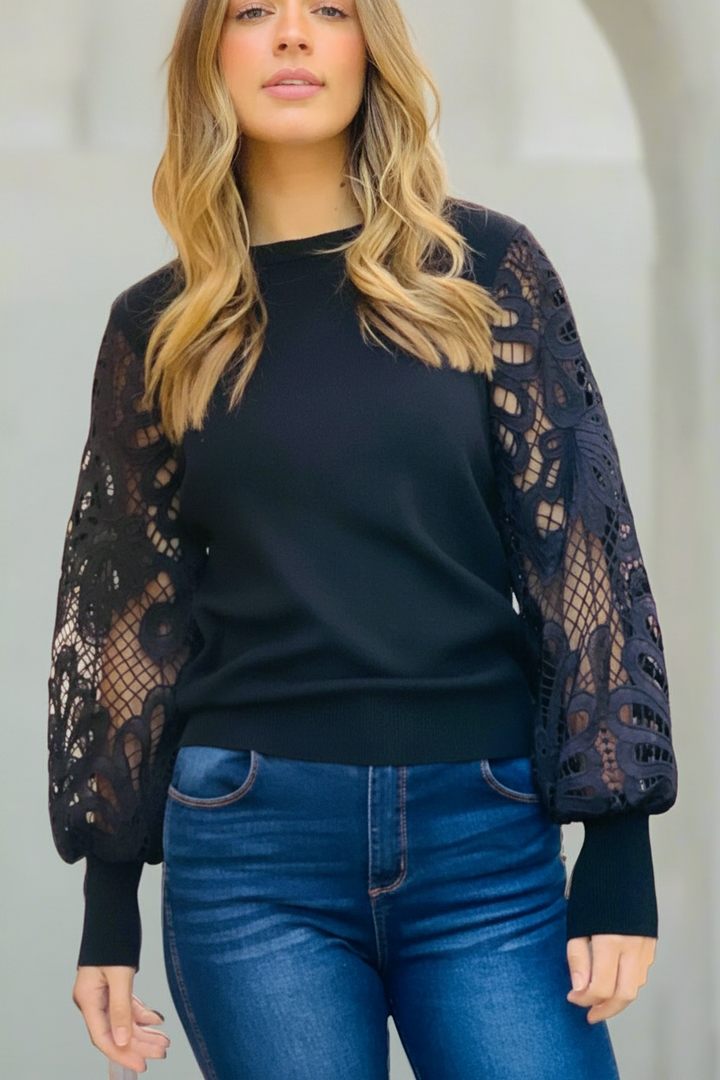 Naomi Lace Sleeve Top in Black