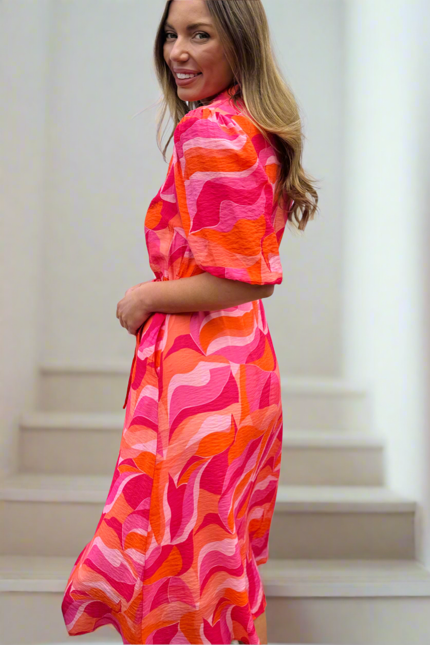orange and pink shirt dress Pink & Orange Hibiscus Floral Print Shirt Dress