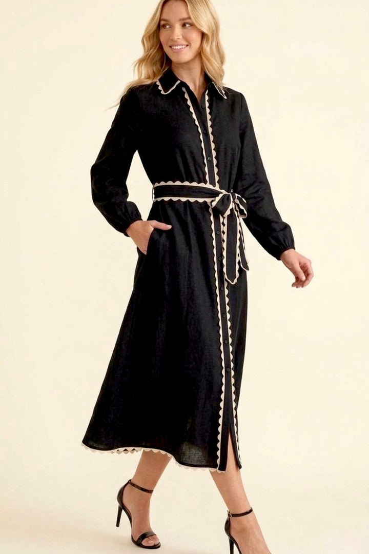 Shyla Long Sleeve Black Dress With Trim