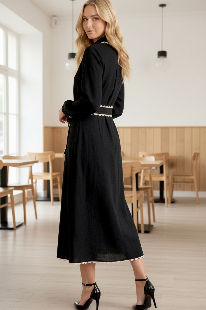 Shyla Long Sleeve Black Dress With Trim