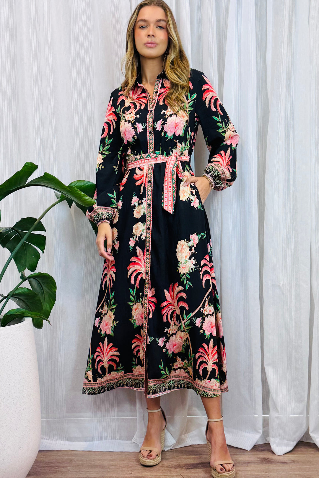 Maddison Palm Print Dress in Long Sleeve