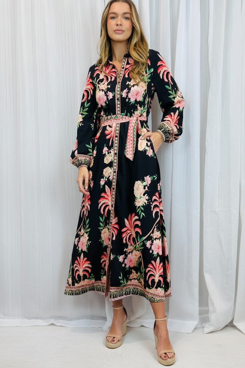 Maddison Palm Print Dress in Black Long Sleeve