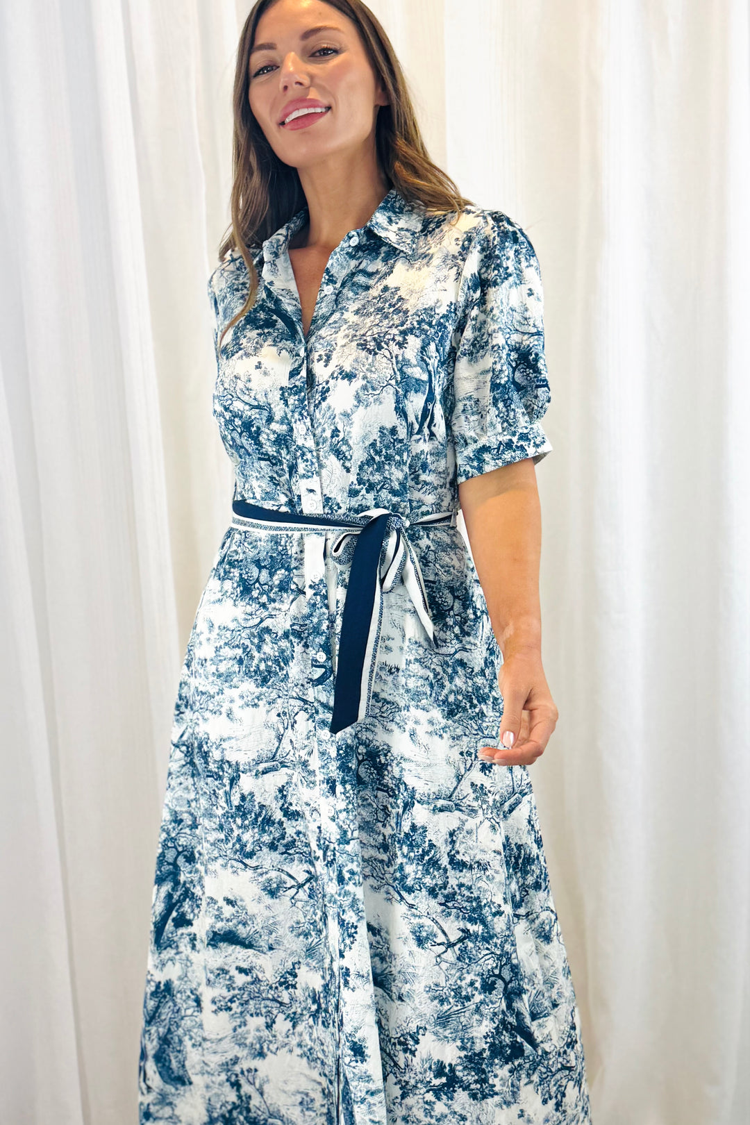 April Blue and Off White Multi Print Short Sleeve Dress