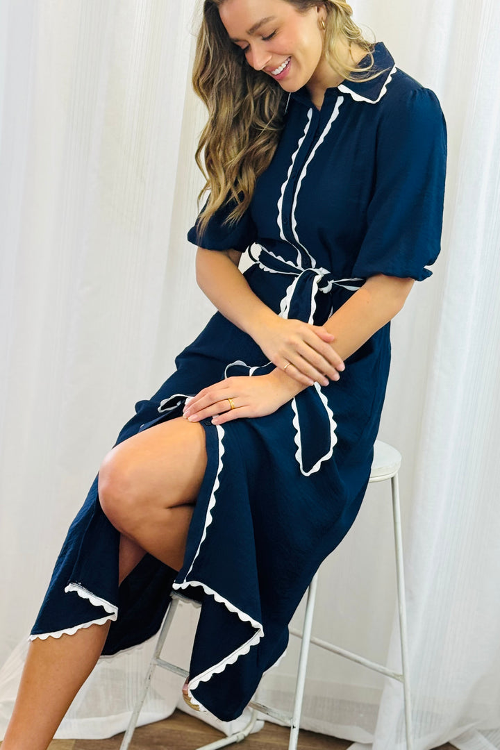 Shyla Dress in Navy with White Trimming