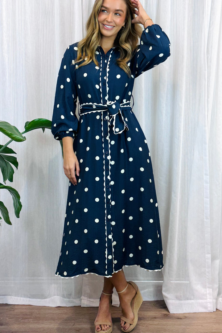 Shyla Polka Dot Long Sleeve in Navy