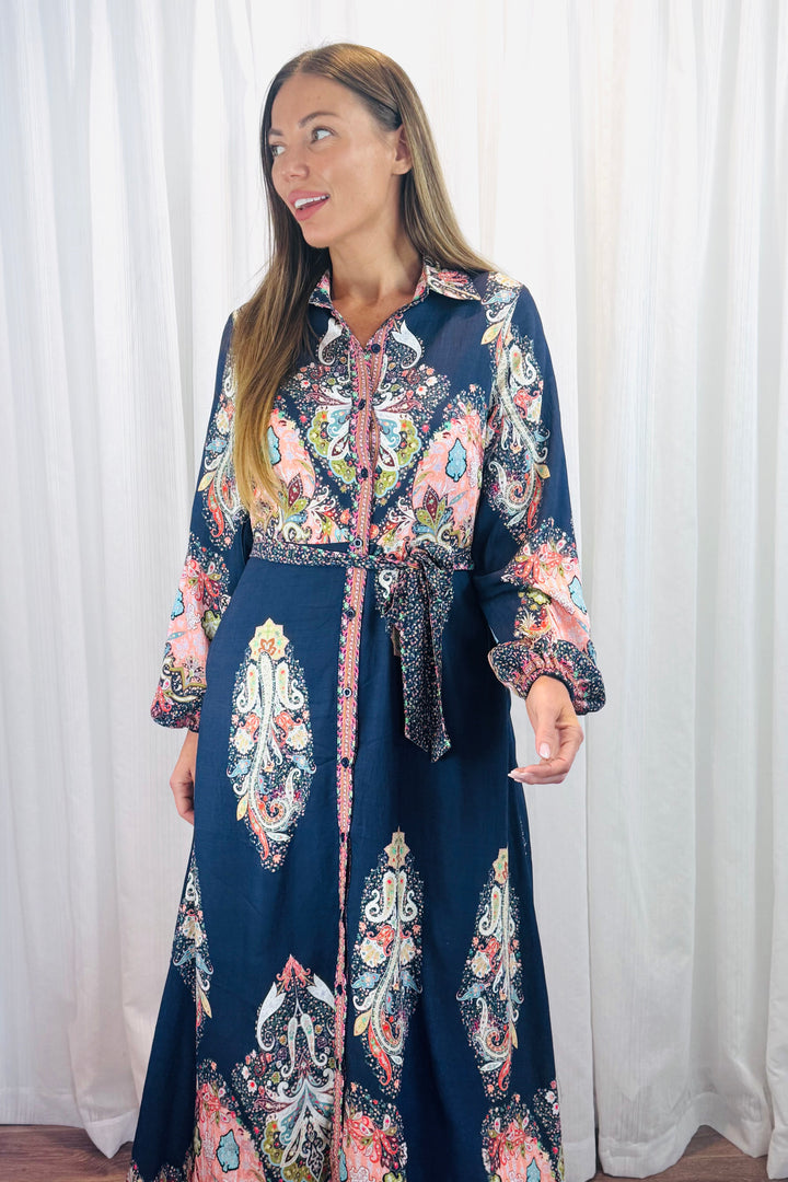 Gidget Long Sleeve Dress in Navy Multi Print