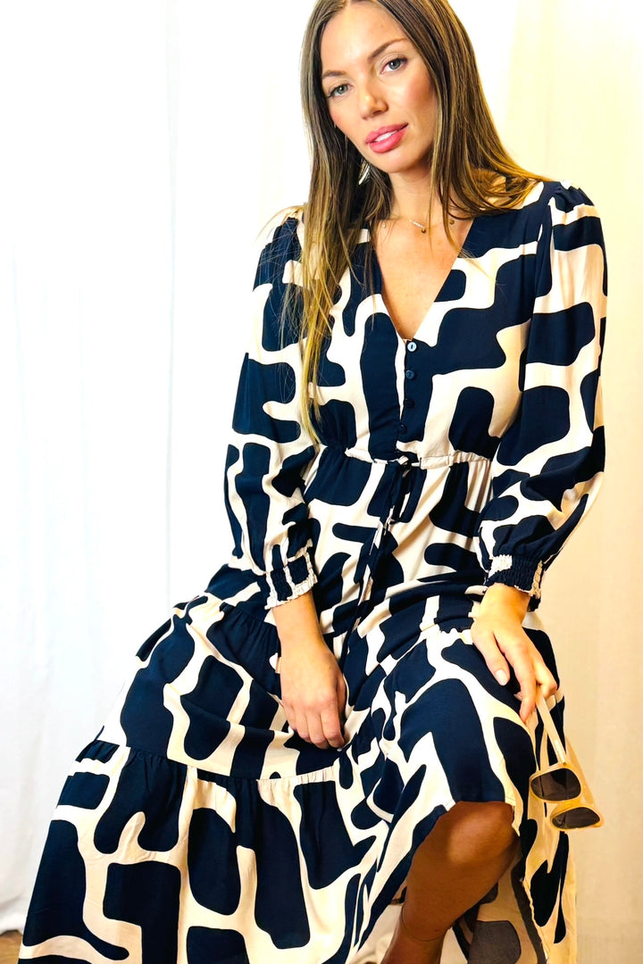 Santorini in Nude and Navy Long Sleeve Dress
