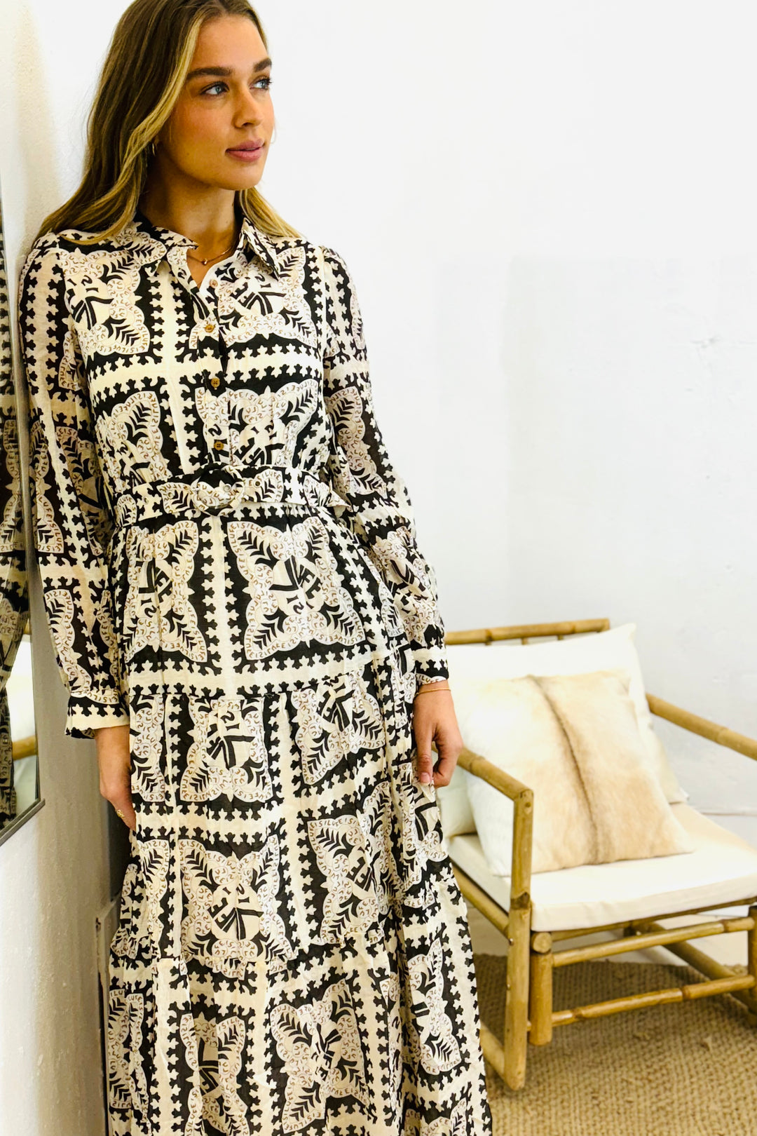 Amaya Long Sleeve Maxi Dress in Black and Cream Print