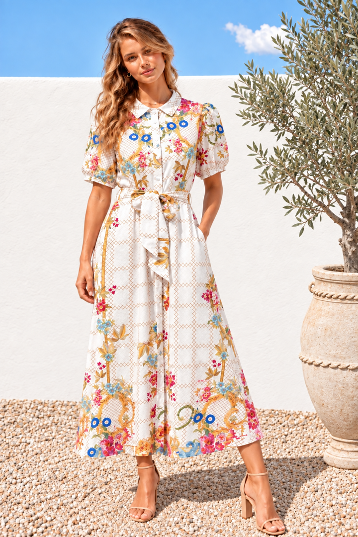 Sasha Multi Print Shirt Dress in Off White