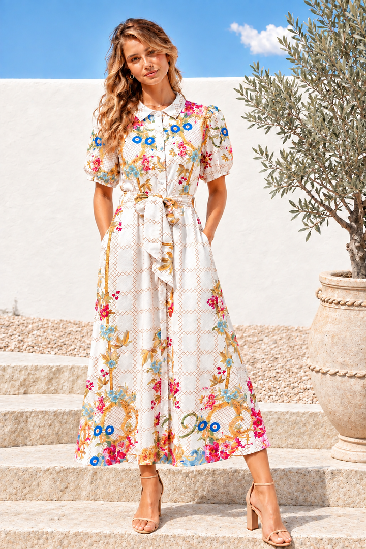 Sasha Multi Print Shirt Dress in Off White