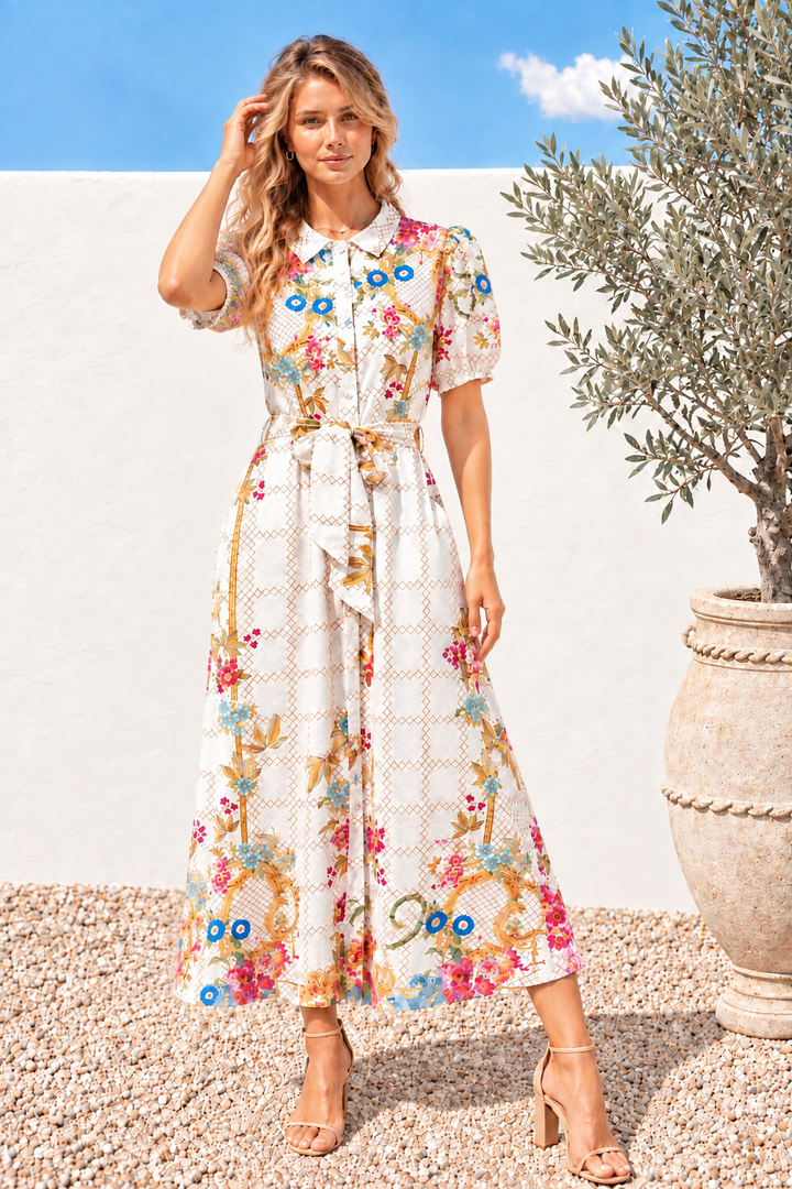 Sasha Multi Print Shirt Dress in Off White