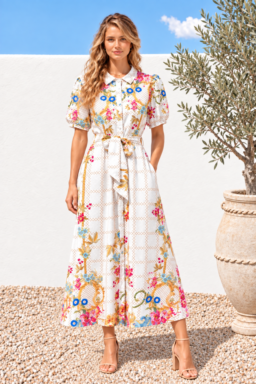 Sasha Multi Print Shirt Dress in Off White