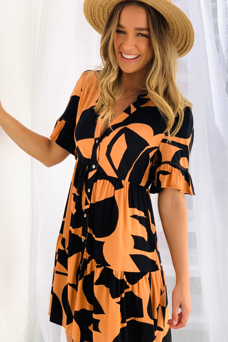 Stella Short Sleeve  Dress in Orange and Black Print