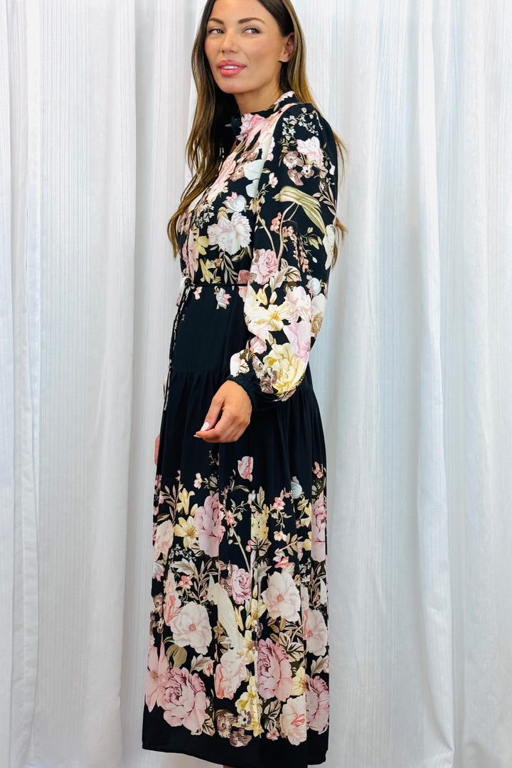 Juliet Floral Multi Print Dress in Black